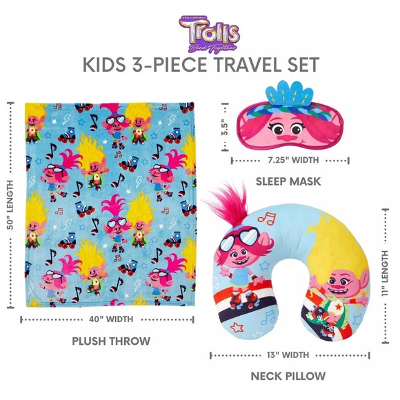 Trolls 3-Piece Kids' Character Travel Set with Neck Pillow, Throw, & Eye Mask - Picture 5 of 5